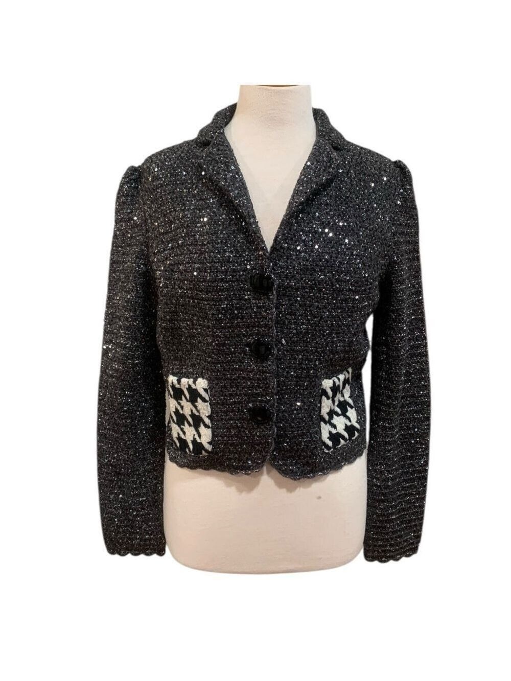 Dolce & Gabbana grey knit sequin cropped cardigan w/houndstooth pockets size L